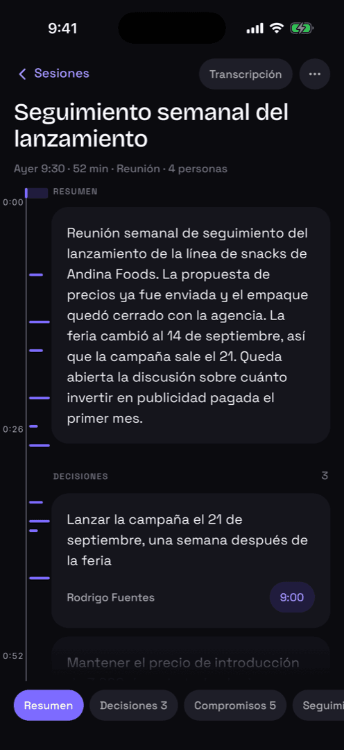Pantalla de resultado de una reunión en Summio, con el resumen y las decisiones