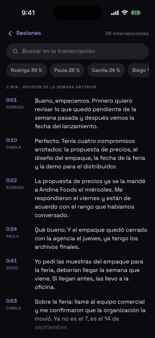Transcripción con los hablantes separados en Summio