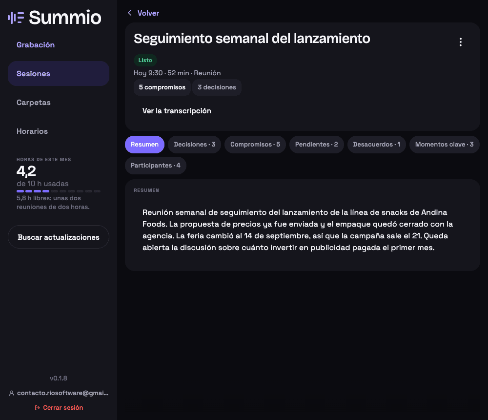 El programa de escritorio de Summio con una reunión abierta