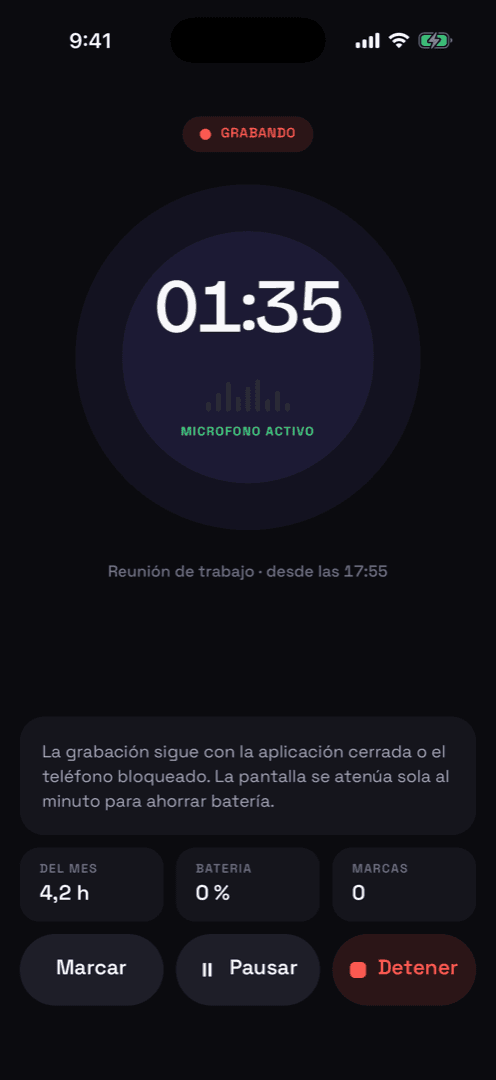 Pantalla de grabación en curso en Summio