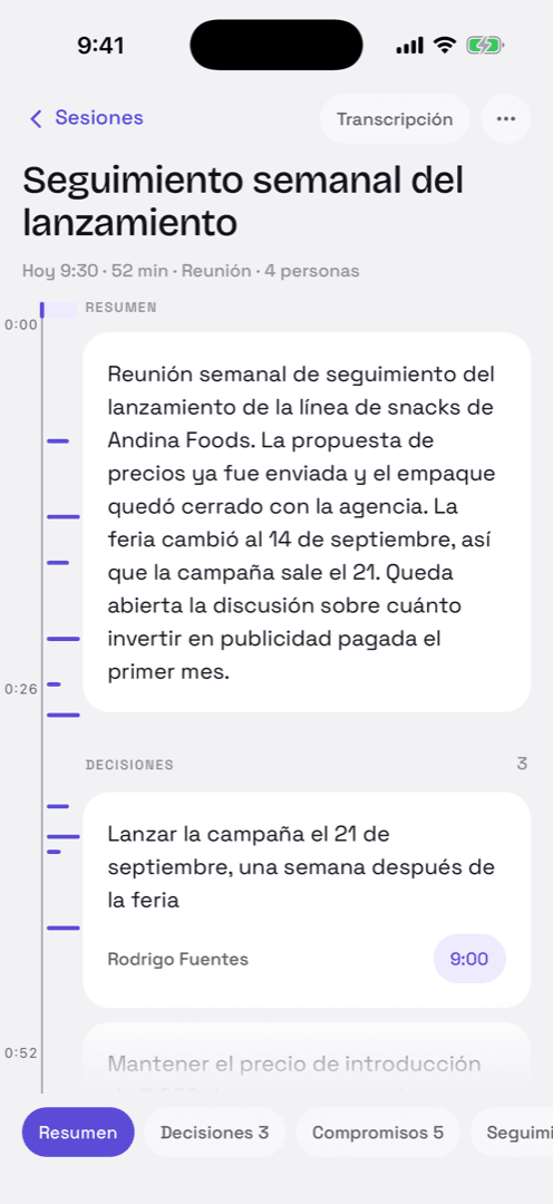 Pantalla de resultado de una reunión en Summio, con el resumen y las decisiones