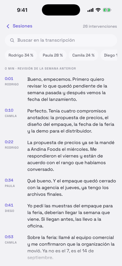 Transcripción con los hablantes separados en Summio
